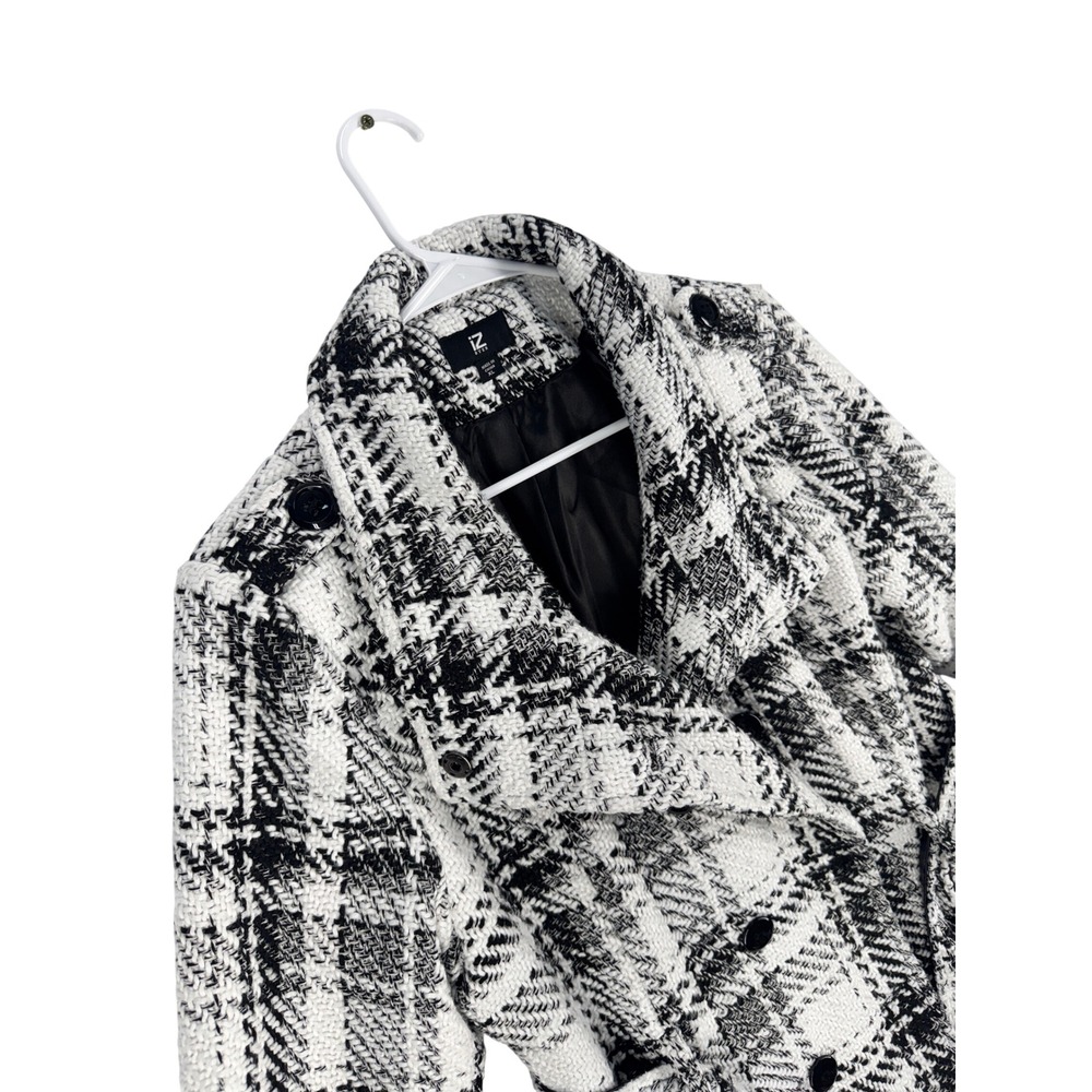 IZ BYER Womens Black White Plaid Double Breasted Belted Pea Coat XL